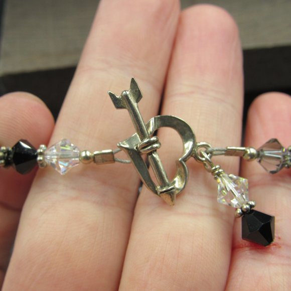 7" Sterling Silver Crystal Heart & Arrow Bracelet Vintage - Picture 4 of 7